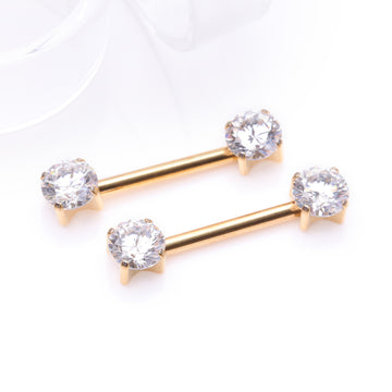 Detail View 1 of A Pair of Implant Grade Titanium Gold PVD OneFit Threadless Prong Gem Sparkle Nipple Barbell-Clear Gem